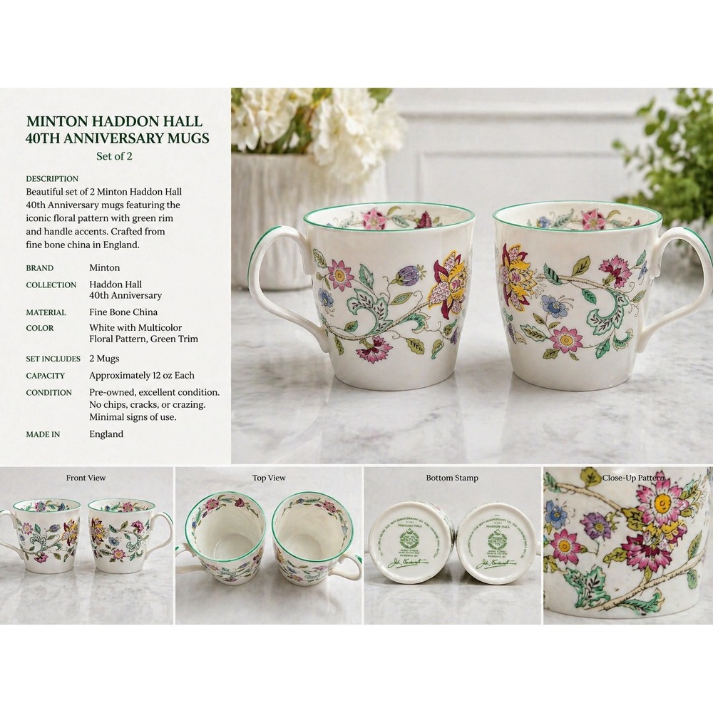 Minton Haddon Hall 40th Anniversary Mugs Set of 2 Fine Bone China England Floral